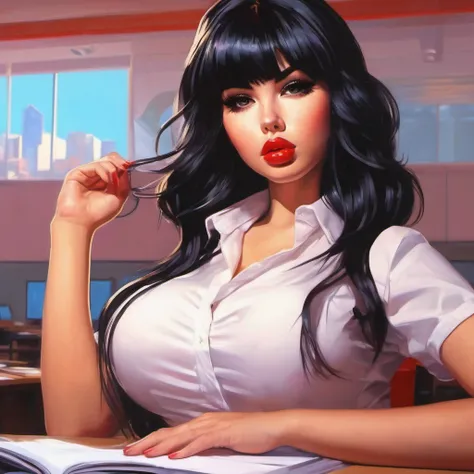 masterpiece painting  by ilya kuvshinov of slutty posing bimbo schoolgirl in class, bmbplora, ultra detailed, cleavage, thick br...