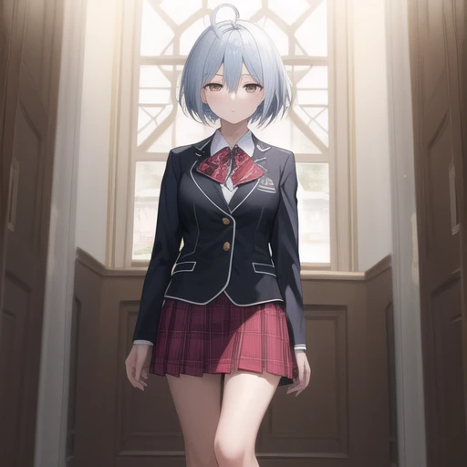 (masterpiece, best quality:1.2),illustration,8k,hd,1girl,solo,cowboy shot,school uniform,ahoge,skirt,looking at viewer,short hair,silver hair,bow,jewelry,jacket,red skirt,ring,pleated skirt,shirt,white shirt,brown eyes,bowtie,black socks,expressionless,red...