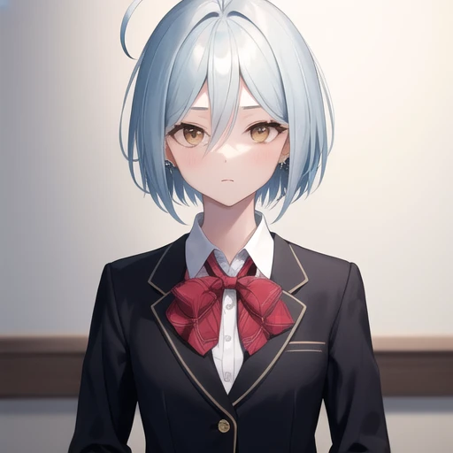 (masterpiece, best quality:1.2),illustration,8k,hd,1girl,solo,upper body,(portrait:1.2),school uniform,ahoge,skirt,looking at viewer,short hair,silver hair,bow,jewelry,jacket,red skirt,ring,pleated skirt,shirt,white shirt,brown eyes,bowtie,black socks,expr...