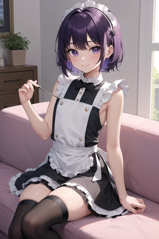 (masterpiece, highest quality, 8k, 16k, high quality, best quality:1.3, absurdres, highres),
(masterpiece, best quality:1.2), solo, 1boy, solo, (otoko no ko), tall, thick thighs:1, flat chest, maid dress, black thigh highs, purple hair, purple eyes, short ...