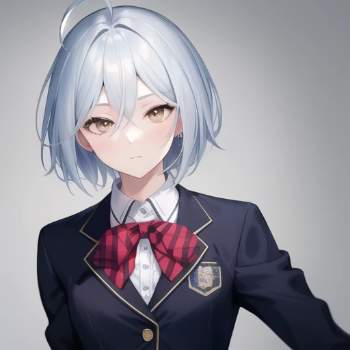 (masterpiece, best quality:1.2),illustration,8k,hd,1girl,solo,upper body,(portrait:1.2),school uniform,ahoge,skirt,looking at viewer,short hair,silver hair,bow,jewelry,jacket,red skirt,ring,pleated skirt,shirt,white shirt,brown eyes,bowtie,black socks,expr...