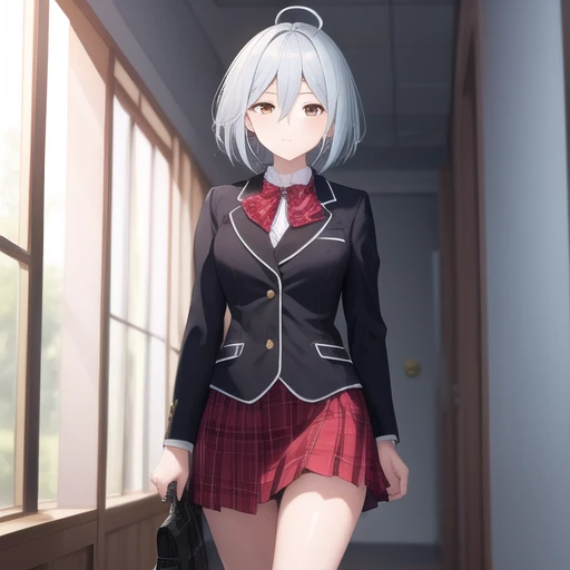 (masterpiece, best quality:1.2),illustration,8k,hd,1girl,solo,cowboy shot,school uniform,ahoge,skirt,looking at viewer,short hair,silver hair,bow,jewelry,jacket,red skirt,ring,pleated skirt,shirt,white shirt,brown eyes,bowtie,black socks,expressionless,red...