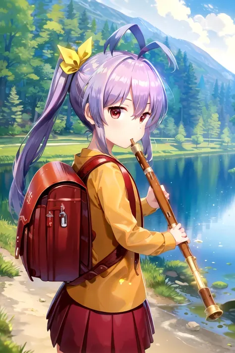 masterpiece, best quality, 1girl, <lyco:Renge-000008:1.0>, miyauchi renge, orange shirt, hair ribbon, ribbon, skirt, backpack, randoseru, playing instrument, outdoors, nature, river