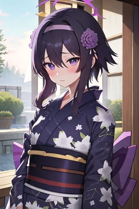 best quality, masterpiece, highres, solo, {yukata:1.40}, {kimono:1.20}, {haruka_bluearchive:1.15}, purple_hair, bangs, hair_between_eyes, purple_eyes, hair_ornament, halo, blush, hairclip, hat, garrison_cap