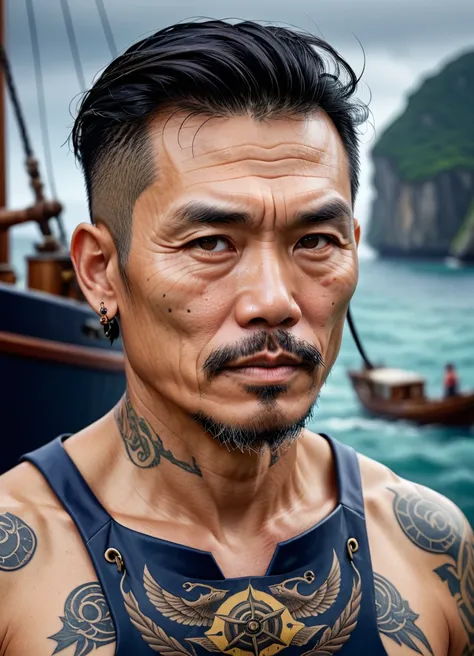 low-poly style <lora:FF.81.sdxlYamersRealism_version2.lora:1> Hyper detailed photograph of a captivating portrait of a wise and weathered middle aged sailor, asian male, goatee, adorned with nautical tattoos and a rugged expression that tells tales of coun...