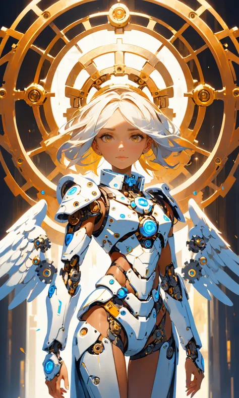 Painting, Unity Engine, stylized, Symmetrical Female, Businessperson, Astonishing Angelic Halo, Mechanical Body Parts, Harness, shallow depth of field