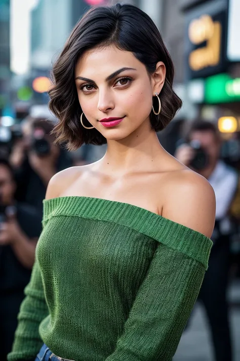 photo of beautiful (mbaccarin:0.99), a woman with beautiful short hair, as a movie star in a (movie premiere), premiere gala, (near a movie theatre), natural skin texture, (sexy tight green sweater off-shoulder with a strap), 24mm, 4k textures, soft cinema...