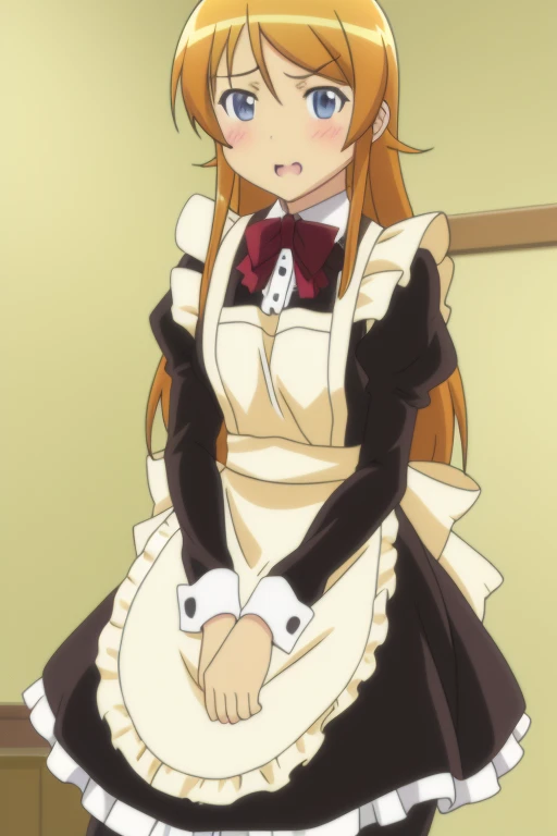 <lora:Oreimo_kousaka kirino:0.7> kousaka kirino, 
1girl, solo, long hair, brown hair, long sleeves, dress, bow, standing, pantyhose, frills, indoors, orange hair, apron, maid, enmaided, 8k, masterpiece, absurdres, anime,