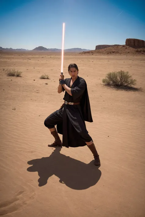 Jedi in a desert, fighting stance, wielding light saber