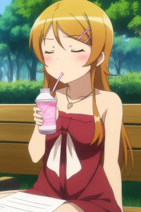 <lora:Oreimo_kousaka kirino:0.7> kousaka kirino, 
1girl, solo, long hair, blush, brown hair, hair ornament, dress, bow, bare shoulders, jewelry, sitting, closed eyes, hairclip, necklace, orange hair, tree, red dress, bottle, hand fan, drinking straw, drink...