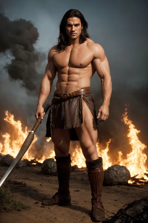 muscular barbarian, standing on scorched medieval battlefield