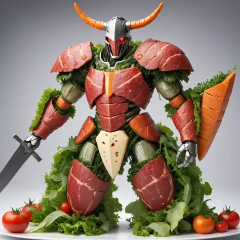 [gundam::4], [mecha:(android:0.1):1] made from (steak:1.3),  (armor:0.2) made of salad, meat, leafy greens, carrot joints, tomat...