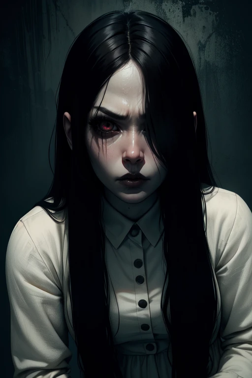 Sadako,long black hair, facing viewer, pale skin, angry,  eyes covered,  hair over eyes, 
White dress,long sleeves,
horror (theme),inddors, dark, out of tv,  crawling, 
(insanely detailed, beautiful detailed face, masterpiece, best quality),
<lora:TheOnryo...