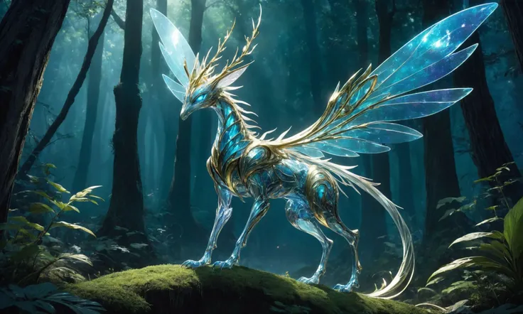 a gigantic creature, crafted from a blend of iridescent glass and tree. Its body is sleek and smooth, shimmering in the light as if made of liquid silver. limbs are slender and graceful ending in pointed tips,  fragile,ethereal appearance,strength and resi...