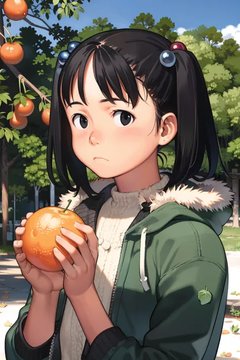 masterpiece, best quality,<lora:comiclo:1>,1girl, solo, black hair, fruit, black eyes, tree, food, coat, hair ornament, orange (fruit), looking at viewer, upper body, short hair, closed mouth, bangs, fur trim, outdoors, hair bobbles, jacket, hood down, day...