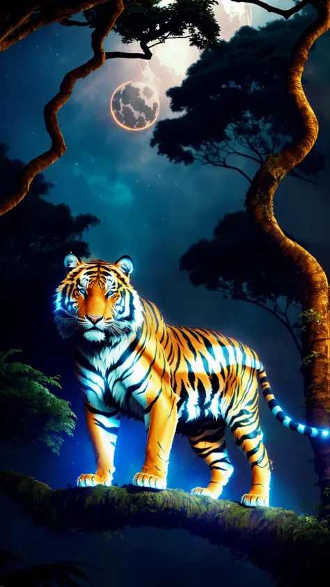 a photograph of a full body mechanical tiger in copper and blue glowing eyes, perched on a tree in the jungle at night, art by Ridley Scott, ultra highly detailed, cinematic, 32k, intricated, high quality,  complex patterns, rust, hell, doom eternal, doom ...