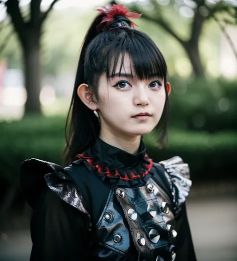 realistic, photorealistic, detailed, beautiful, RAW photo, film grain, (natural lighting :1.2), asian, woman, raw photo, photo background, black hair,  dark, metal, suzuka nakamoto,S0zuka23, punk style, black and red outfit, 20 years old, detailed black ey...