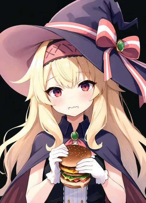 best quality, absurdres, 1girl, hat, solo, blonde hair, witch hat, eating, long hair, white gloves, red eyes, upper body, holding burger, hairband, purple headwear, cape, white background, :t, purple cape, ribbon, simple background, bow, hat bow, black dre...