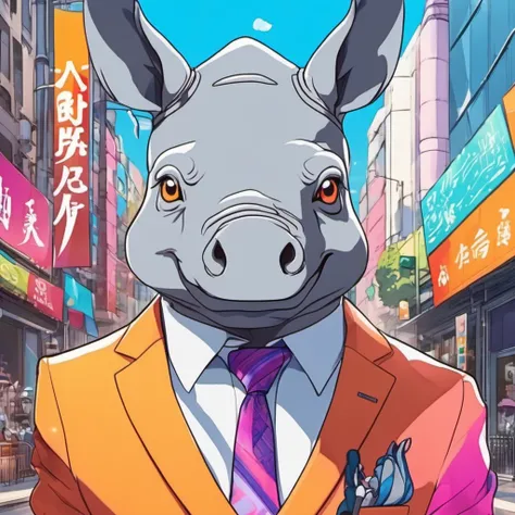 a rhino dressed suit and tie headshot, in the street, sk_anime , looking at viewer