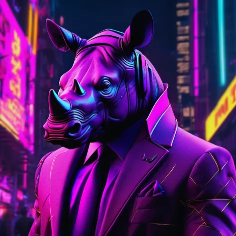 a rhino dressed suit and tie , headshot, in the street, sk_cyberpunk , looking at viewer