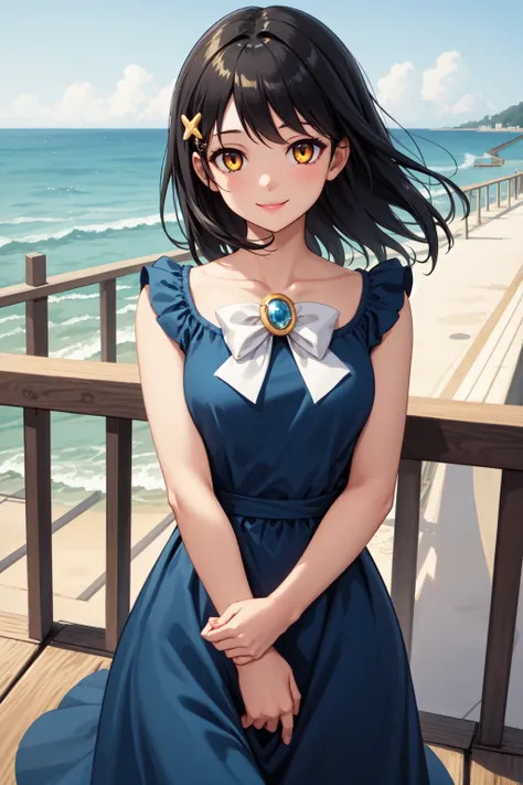 masterpiece, best quality, 1girl, black hair, golden eyes, long blue dress, white bow, gold brooch, ocean in background, boardwalk, railing, smile, gentle breeze