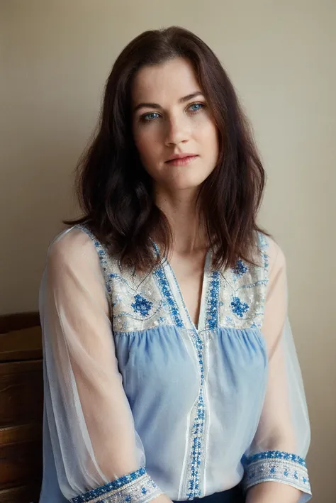 a portrait photo of a beautiful pale woman, Velvet Burgundy Embroidered tunic blouse with a beaded, shot with Rolleiflex 2.8F, detailed face, detailed hair, best quality, masterpiece, (photorealistic:1.4) <lora:LaurenCrist:1>