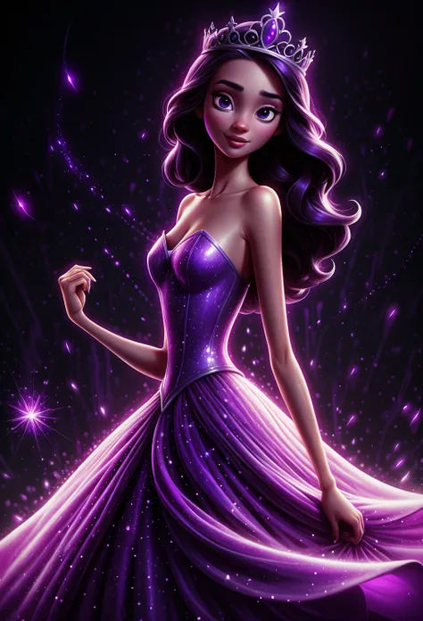 dark, mythical, cineamtic, disney cartoon, masterpiece, 8k, best quality, beautiful princess with purple dress with glowing magical bright sparkles