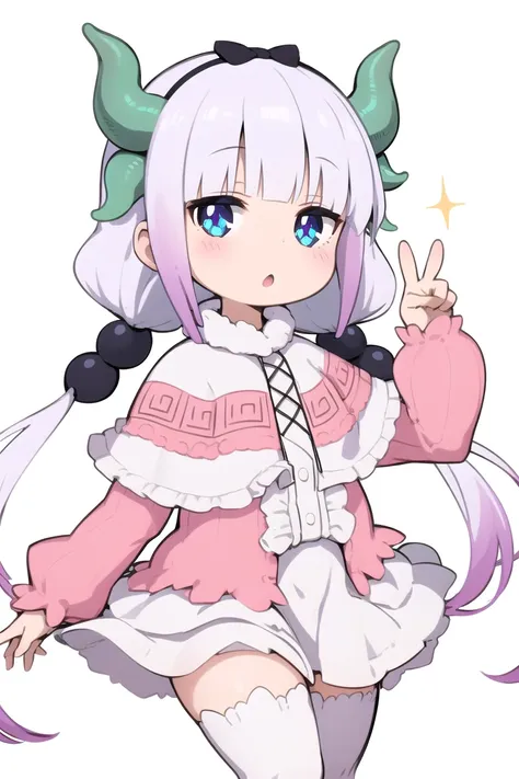 1girl, <lora:saikanna:1> , imkanna, dragon horns, low twintails, dress, capelet, white thighhighs, peace_sign, :o, white backgro...