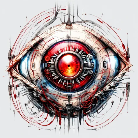 <lora:xk3mt1ks:1> a cybernetic wired red eye in the style of xk3mt1ks over white background