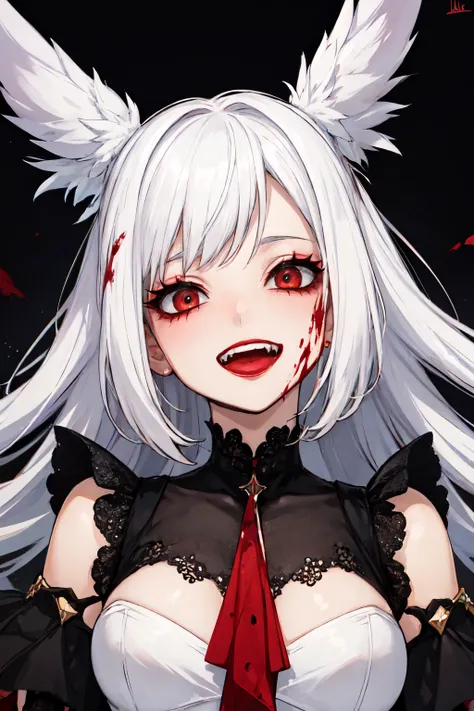 <lora:jmg_style:1>jmg style,  1girl,solo, upper body, blood on face, crazy eyes, crazy smile, open mouth, black background, makeup , red lipstick , white hair, yandere