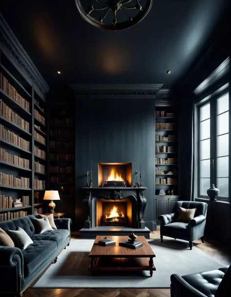 Horror-themed <lora:FF.83.sdxlNuclearGeneralPurposeSemi_v10.lora:1> photograph by Max Rive, A striking living room interior, sofa furniture, a living room table, bookshelves, shelving, a fireplace, elegant interior design, perfect layout, consistent colors...