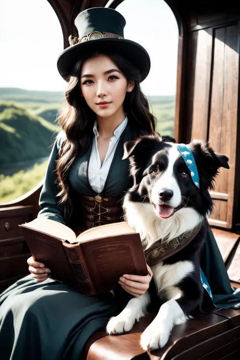 cinematic photo (Ultrarealistic:1.3) <lora:FF.84.sdvn6Realxl_detailface.lora:0.41> gandalf riding a border collie, arthur rackham. masterpiece, heavy ink!!!!!!! mike mignola, viking attire, ribbon in her hair, holding a tattered magical book, text and a pa...