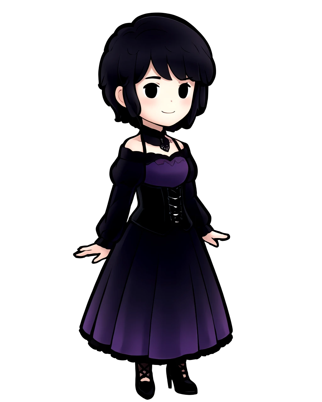 Black hair,  short hair,  goth,  purple dress,  black eyes,  purple dress,  black corset,  smile,  tired,  (white background:1.3),  cowboy shot,  solo,  1girl,  chibi,  full body,  standing, <lora:EMS-43693-EMS:0.700000>