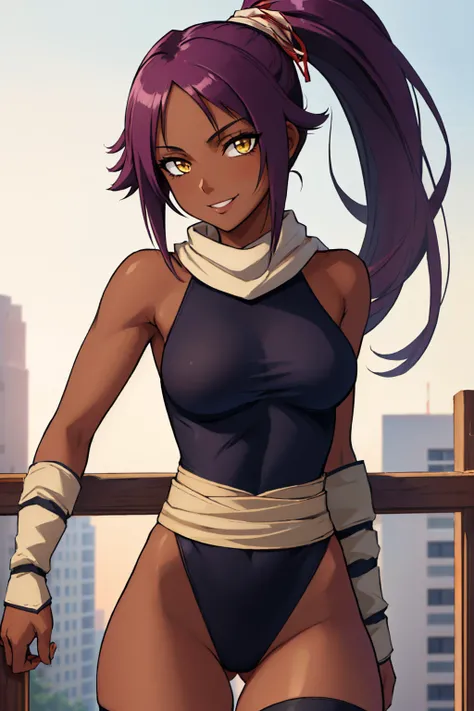 (masterpiece, best quality:1.2), cowboy shot, solo, 1girl, shihouin yoruichi, dark skin, dark-skinned female, smile, looking at viewer, ponytail, leotard, thighhighs, scarf <lora:bleach_shihouin:1>