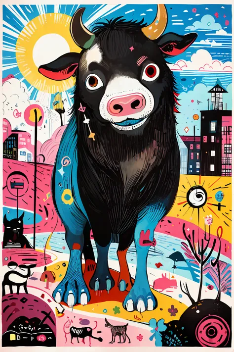 masterpiece,best quality,<lora:TUYA5:0.8>,surrealistic,tuyawang,abstract,doodle art,cow,