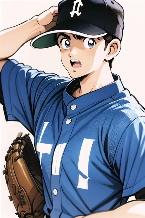 male focus, solo, 1boy, hat, baseball, baseball cap, white background, baseball mitt, simple background, holding, baseball uniform, upper body, traditional media, black hair, ball, open mouth, sportswear, shirt, holding ball, looking at viewer,  <lora:Adac...