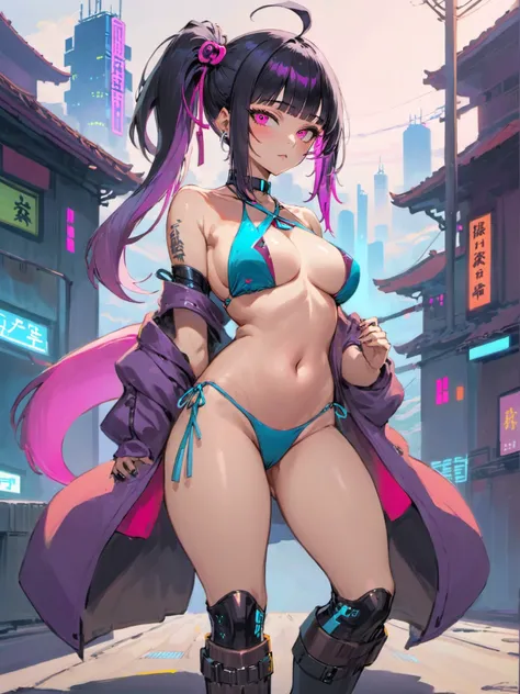 1girl,split-color hair,medium hair, tri tails hair, blunt bangs bangs,chinese swimsuit necktie between breasts boots,cyberpunk hillside daytime,