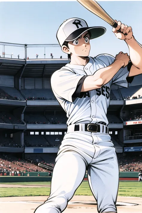 1boy, baseball bat, baseball uniform, male focus, sportswear, helmet, holding baseball bat, white pants, holding, hat, pants, solo, baseball cap,black hair, traditional media, fence, outdoors, belt, crowd,  <lora:Adachi_v2:0.8>,