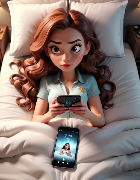 <lora:FF.85.samaritan3dCartoon_v40SDXL.lora:1> 3D cinematic film.(caricature:0.2). 4k, highly detailed, woman using her smartphone on the bed, overhead view