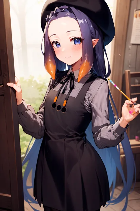 1girl, solo, cowboy shot, standing, inapainter, pinafore dress, beret, forehead, workshop, holding paintbrush, painting (object), smile <lora:ninomae inanis 5 outfits:1>