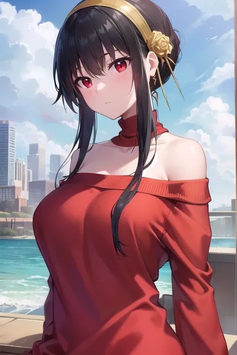 yorbriar, <lora:yorbriar-lora-nochekaiser:1>, 
yor briar, black hair, (red eyes:1.5), earrings, gold hairband, hairband, long hair, sidelocks, (medium  breasts:1.2),
BREAK bare shoulders, collarbone, dress, long sleeves, off shoulder, off-shoulder dress, o...