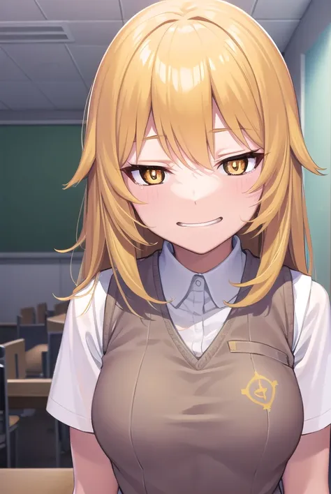 misakishokuhou, <lora:misakishokuhou-lora-nochekaiser:1>, 
misaki shokuhou, blonde hair, hair between eyes, long hair, (symbol-shaped pupils:1.5), (yellow eyes:1.5), (medium breasts:1.2), <lora:smirkingeye_v100:1>, <lora:smirkingmouth_v100:1>, smile,
BREAK...