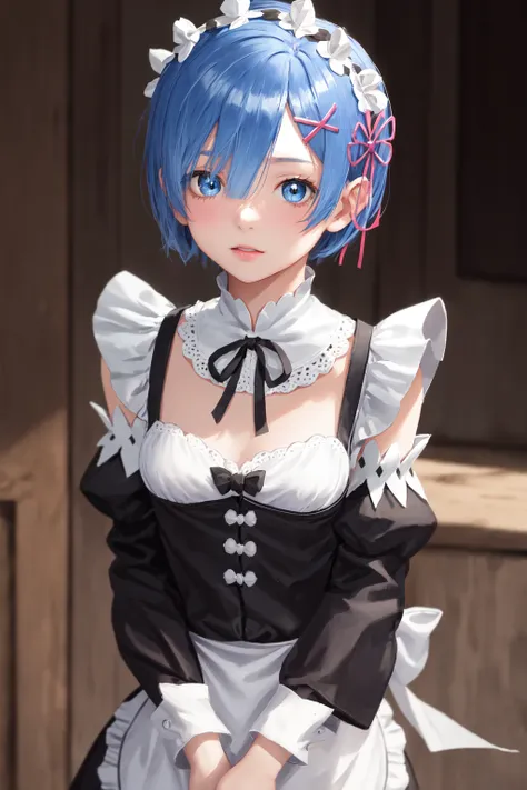 highres, sharp focus, pixiv masterpiece, ((intricate details)), highly detailed, upper body, 1girl, rem_re_zero, blue hair, shor...