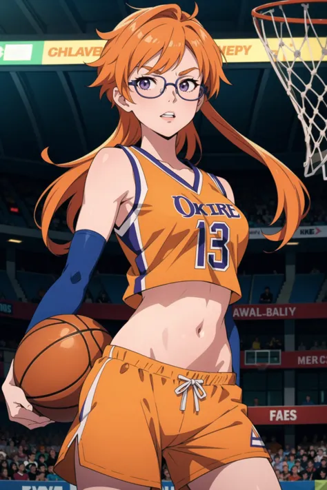 <lora:colorize:0.8>,purple_eyes,basketball_uniform,single_sleeve,breasts,solo,blurry,playing_sports,orange_hair,aged_up,web_address,ball,shorts,basketball_(object),orange_shorts,short_shorts,stomach,lepypepy,parted_lips,highres,medium_breasts,glasses,alter...