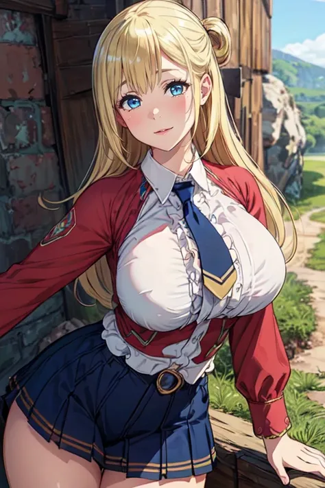 anime girl in uniform posing for a picture in front of a barn