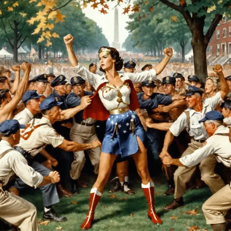 Emulate the classic style of Norman Rockwells illustrations <lora:w0nd3r-woman-000006:0.7> w0nd3r woman, medium shot, clenched fist, hero pose, background of a crowded park with bad people trying to attack her . American idealism, heartwarming scenes, stor...