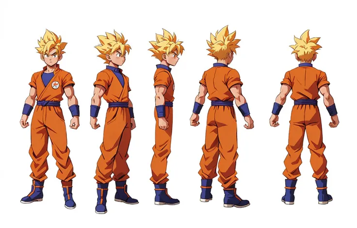 Multi view, front view, front view, side view, rear view, concept art, 1boy, male focus, solo, blonde, super saiyan, full body, white background, spiked hair, boots, exercise suit, standing, simple background, muscle, wristband, goku, orange jumpsuit, hand...