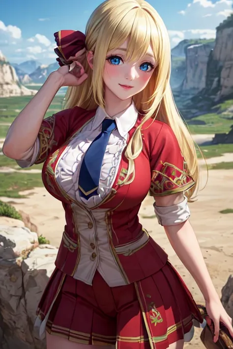 anime girl in uniform posing for a picture with a mountain in the background