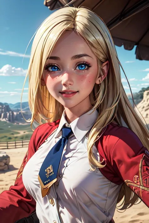 blond haired woman in uniform posing for a picture in a desert