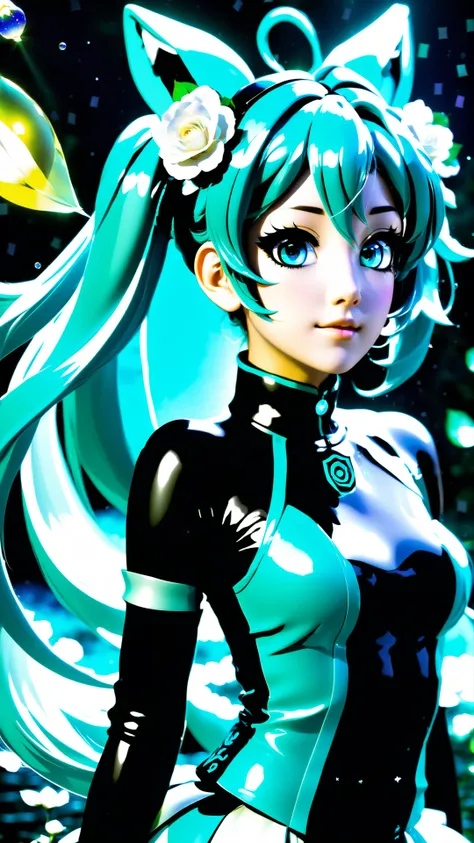 <lora:xl_yamer_style-2.0:1>, face focus, masterpiece, best quality, 1girl, hatsune miku, goth hatsune miku, latex clothing, suggestive face, hentai face, white roses, petals, night background, fireflies, light particle, solo, aqua hair with twin tails, aqu...